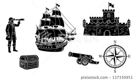 Black Solid Age of Discovery Harbor Silhouettes Set of Six on White Background Black Solid Age of Discovery Harbor Silhouettes Set of Six on White Background 137330951