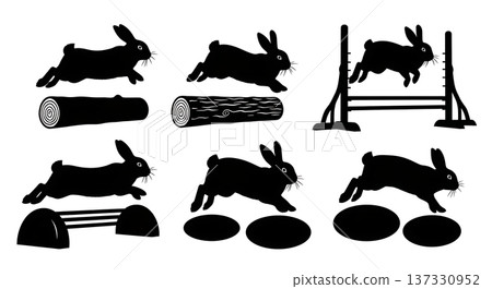 Black Solid Agility Bunny Silhouettes Set of Six on White Background 137330952