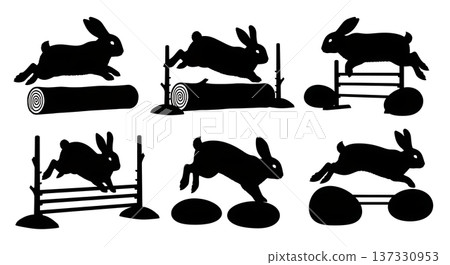 Black Solid Agility Bunny Silhouettes Set of Six on White Background 137330953