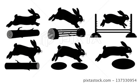 Black Solid Agility Bunny Silhouettes Set of Six on White Background 137330954