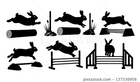 Black Solid Agility Bunny Silhouettes Set of Six on White Background Black Solid Agility Bunny Silhouettes Set of Six on White Background 137330956