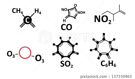 Black Solid Air Pollutant Silhouettes Set of Six on White Background 137330963