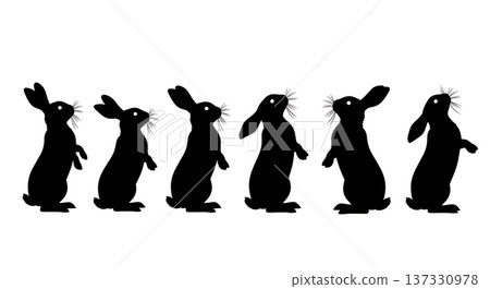 Black Solid Alert Standing Bunny Silhouettes Set of Six on White Background Black Solid Alert Standing Bunny Silhouettes Set of Six on White Background 137330978