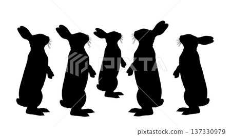 Black Solid Alert Standing Bunny Silhouettes Set of Six on White Background Black Solid Alert Standing Bunny Silhouettes Set of Six on White Background 137330979