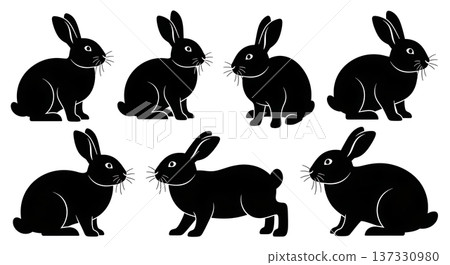 Black Solid Alert Bunny Silhouettes Set of Six on White Background Black Solid Alert Bunny Silhouettes Set of Six on White Background 137330980