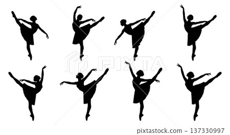 Black Solid Classic Ballet Arabesque Silhouettes Set of Six on White Background Black Solid Classic Ballet Arabesque Silhouettes Set of Six on White Background 137330997