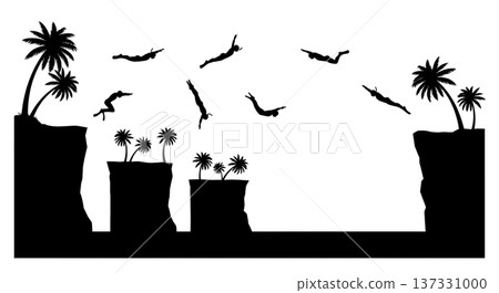 Black Solid Cliff Diving Palm Silhouettes Set of Six on White Background Black Solid Cliff Diving Palm Silhouettes Set of Six on White Background 137331000