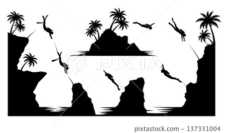 Black Solid Cliff Diving Palm Silhouettes Set of Six on White Background Black Solid Cliff Diving Palm Silhouettes Set of Six on White Background 137331004