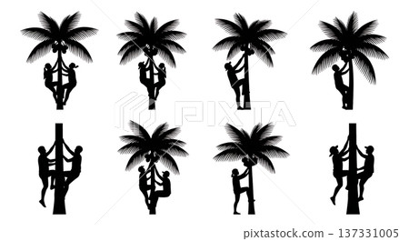 Black Solid Climbing Palm Harvest Silhouettes Set of Six on White Background Black Solid Climbing Palm Harvest Silhouettes Set of Six on White Background 137331005