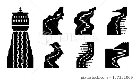 Black Solid Coastal Ferry Light Silhouettes Set of Six on White Background Black Solid Coastal Ferry Light Silhouettes Set of Six on White Background 137331009