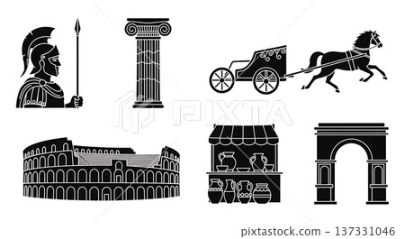 Black Solid Ancient Roman City Silhouettes Set of Six on White Background Black Solid Ancient Roman City Silhouettes Set of Six on White Background 137331046