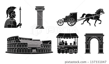 Black Solid Ancient Roman City Silhouettes Set of Six on White Background Black Solid Ancient Roman City Silhouettes Set of Six on White Background 137331047