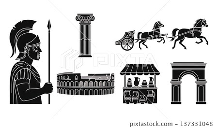 Black Solid Ancient Roman City Silhouettes Set of Six on White Background Black Solid Ancient Roman City Silhouettes Set of Six on White Background 137331048