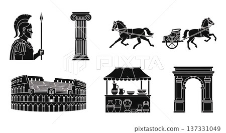 Black Solid Ancient Roman City Silhouettes Set of Six on White Background 137331049