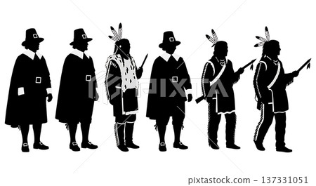 Black Solid Historical Fur Attire Set of Six on White Background 137331051