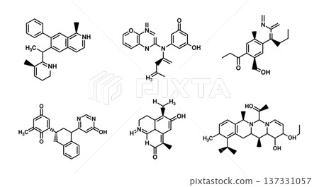 Black Solid Antibiotic Molecular Silhouettes Set of Six on White Background 137331057