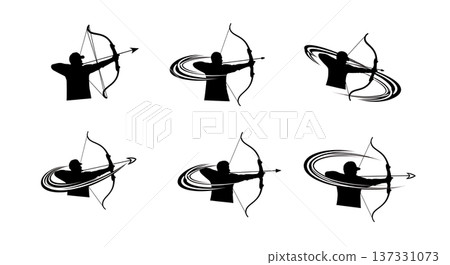 Black Solid Archery Light Silhouettes Set of Six on White Background Black Solid Archery Light Silhouettes Set of Six on White Background 137331073