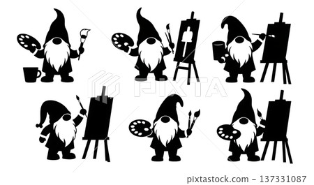 Black Solid Artistic Gnome Silhouettes Set of Six on White Background Black Solid Artistic Gnome Silhouettes Set of Six on White Background 137331087