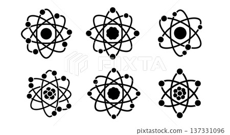 Black Solid Atom Model Silhouettes Set of Six on White Background Black Solid Atom Model Silhouettes Set of Six on White Background 137331096