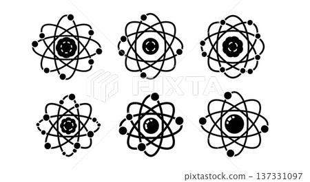 Black Solid Atom Model Silhouettes Set of Six on White Background Black Solid Atom Model Silhouettes Set of Six on White Background 137331097