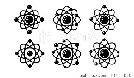 Black Solid Atom Model Silhouettes Set of Six on White Background Black Solid Atom Model Silhouettes Set of Six on White Background 137331098