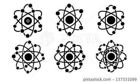 Black Solid Atom Model Silhouettes Set of Six on White Background Black Solid Atom Model Silhouettes Set of Six on White Background 137331099