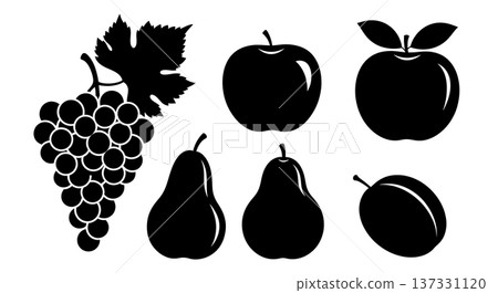 Black Solid Autumn Fruit Silhouettes Set of Six on White Background Black Solid Autumn Fruit Silhouettes Set of Six on White Background 137331120