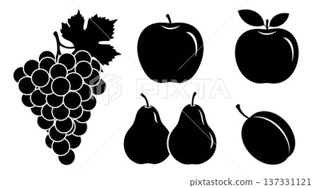 Black Solid Autumn Fruit Silhouettes Set of Six on White Background Black Solid Autumn Fruit Silhouettes Set of Six on White Background 137331121