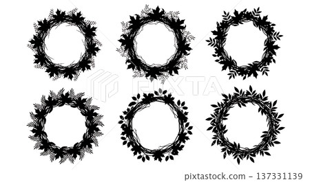 Black Solid Autumn Wreath Silhouettes Set of Six on White Background Black Solid Autumn Wreath Silhouettes Set of Six on White Background 137331139