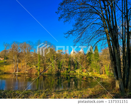 Serene historic park view in Waterloo with Argenteuil castle silhouette, Belgium 137331151