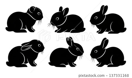 Black Solid Baby Bunny Silhouettes Set of Six on White Background 137331168