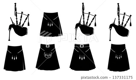 Black Solid Bagpipes Silhouettes Set of Six on White Background Black Solid Bagpipes Silhouettes Set of Six on White Background 137331175