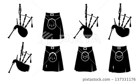 Black Solid Bagpipes Silhouettes Set of Six on White Background Black Solid Bagpipes Silhouettes Set of Six on White Background 137331176