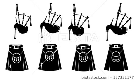 Black Solid Bagpipes Silhouettes Set of Six on White Background Black Solid Bagpipes Silhouettes Set of Six on White Background 137331177