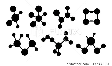 Black Solid Ball and Stick Molecular Silhouettes Set of Six on White Background 137331181