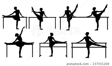 Black Solid Ballet Barre Warm-Up Silhouettes Set of Six on White Background Black Solid Ballet Barre Warm-Up Silhouettes Set of Six on White Background 137331204