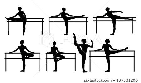 Black Solid Ballet Barre Warm-Up Silhouettes Set of Six on White Background Black Solid Ballet Barre Warm-Up Silhouettes Set of Six on White Background 137331206