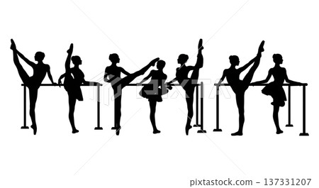 Black Solid Ballet Barre Warm-Up Silhouettes Set of Six on White Background Black Solid Ballet Barre Warm-Up Silhouettes Set of Six on White Background 137331207