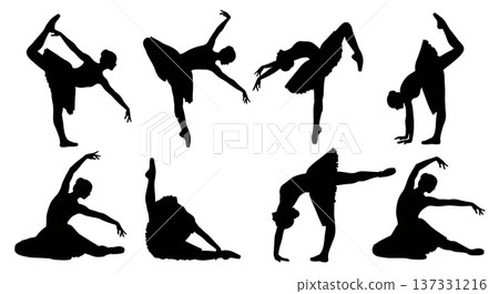 Black Solid Ballet Cambre Alignment Silhouettes Set of Six on White Background Black Solid Ballet Cambre Alignment Silhouettes Set of Six on White Background 137331216
