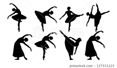 Black Solid Ballet Cambre Bend Silhouettes Set of Six on White Background Black Solid Ballet Cambre Bend Silhouettes Set of Six on White Background 137331223