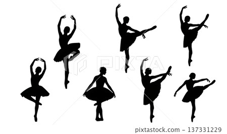 Black Solid Ballet Croise Alignment Silhouettes Set of Six on White Background 137331229