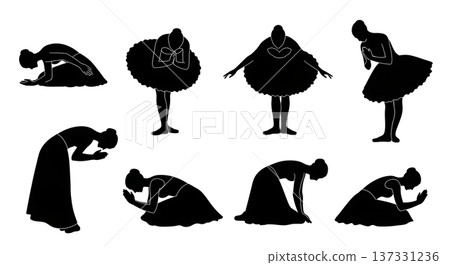 Black Solid Ballet Curtsy Silhouettes Set of Six on White Background 137331236