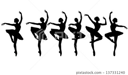 Black Solid Ballet Developpe Balance Silhouettes Set of Six on White Background Black Solid Ballet Developpe Balance Silhouettes Set of Six on White Background 137331240