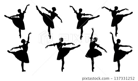 Black Solid Ballet Glissade Jete Silhouettes Set of Six on White Background Black Solid Ballet Glissade Jete Silhouettes Set of Six on White Background 137331252