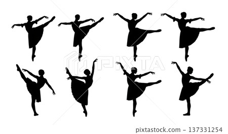 Black Solid Ballet Glissade Jete Silhouettes Set of Six on White Background Black Solid Ballet Glissade Jete Silhouettes Set of Six on White Background 137331254