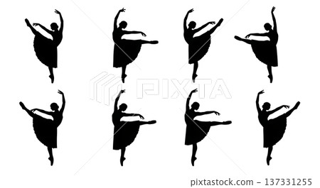 Black Solid Ballet Glissade Jete Silhouettes Set of Six on White Background Black Solid Ballet Glissade Jete Silhouettes Set of Six on White Background 137331255
