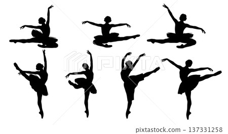 Black Solid Ballet Grand Jete Jump Silhouettes Set of Six on White Background Black Solid Ballet Grand Jete Jump Silhouettes Set of Six on White Background 137331258