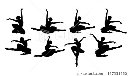 Black Solid Ballet Grand Jete Silhouettes Set of Six on White Background 137331260