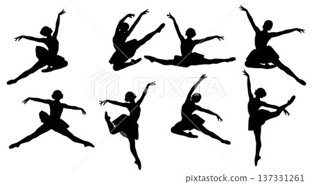 Black Solid Ballet Grand Jete Silhouettes Set of Six on White Background 137331261