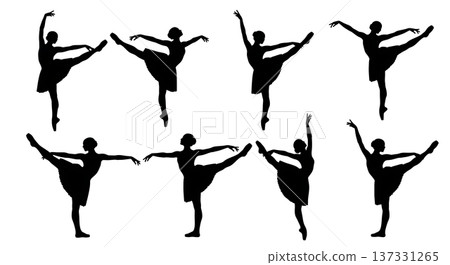 Black Solid Ballet Kick Extensions Silhouettes Set of Six on White Background 137331265